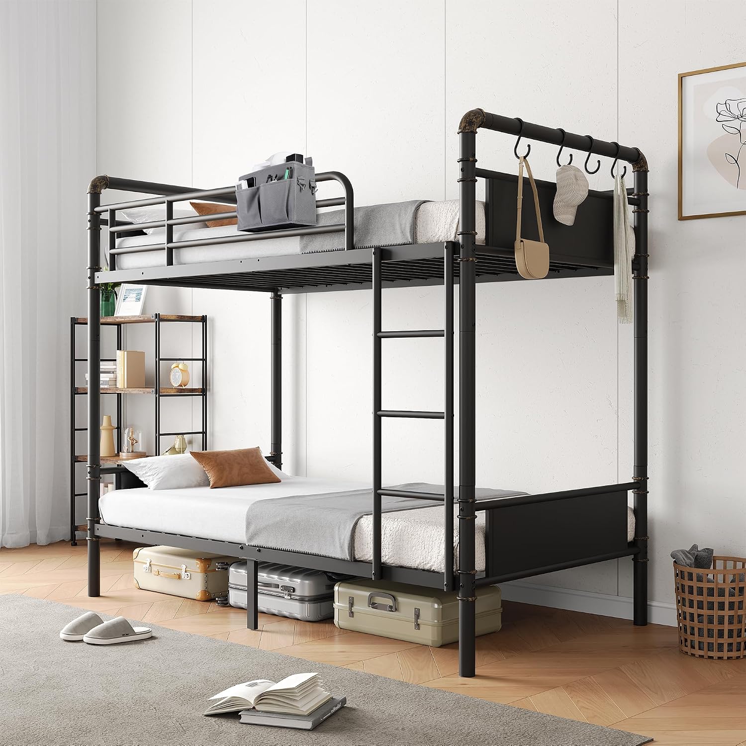 Jocoevol Metal Bunk Bed Twin Over Twin, Industrial Bunkbeds Heavy Duty Bed with Safety Guard Rails and Space-Saving Design, Steel Bed for School, Bedroom (Black)