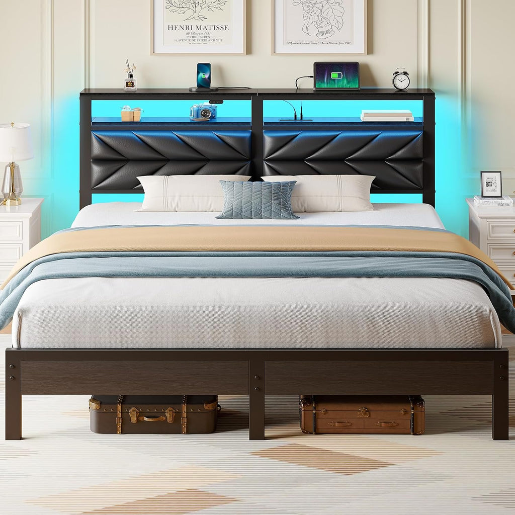 Seventable King Size Bed Frame with Charging Station & LED Lights, Upholstered Headboard with 2-Tier Storage Shelves, Metal Platform with Under Bed Storage, No Box Spring Needed, Easy Assembly, Black
