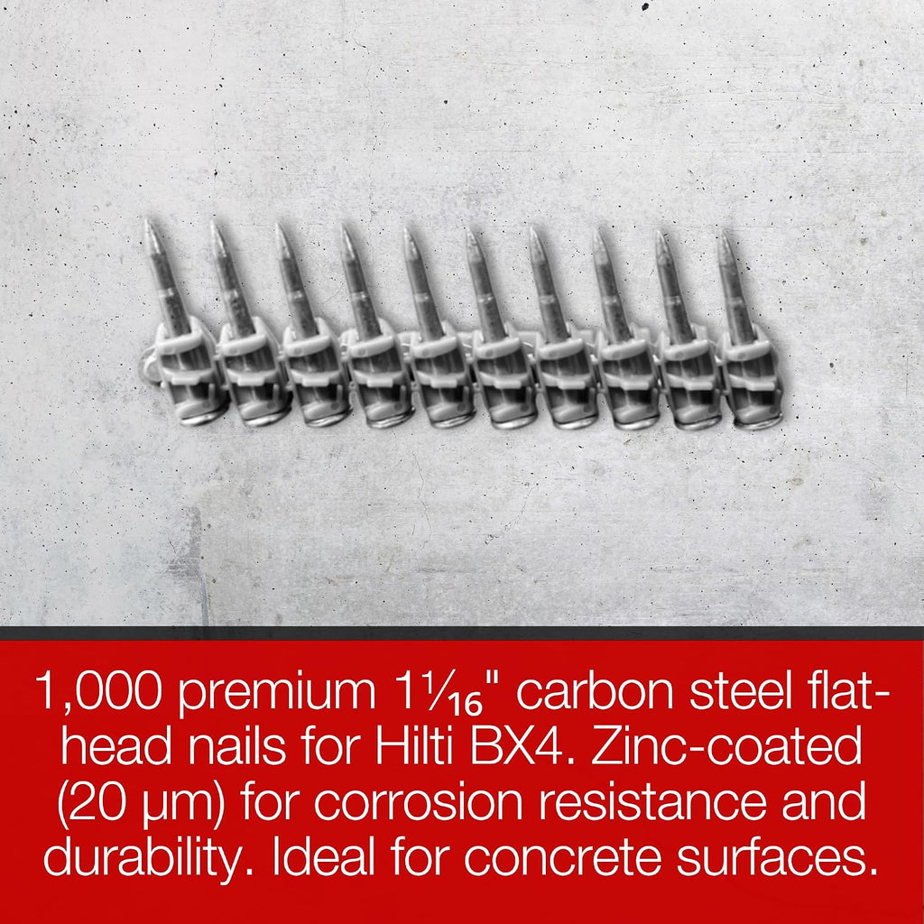 1-1/16'' Concrete Nails Compatible With Hilti BX4-1,000 Count Flat Head Shoot-Drive Nails with 20µm Galvanized Zinc Coating - Heavy-Duty Construction Fasteners for Commercial & Residential Projects