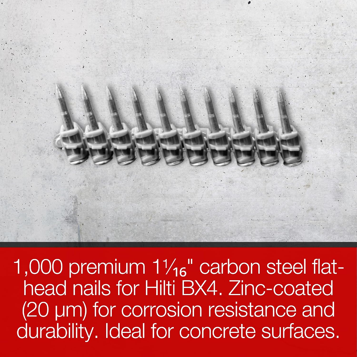 1-1/16'' Concrete Nails Compatible With Hilti BX4-1,000 Count Flat Head Shoot-Drive Nails with 20µm Galvanized Zinc Coating - Heavy-Duty Construction Fasteners for Commercial & Residential Projects