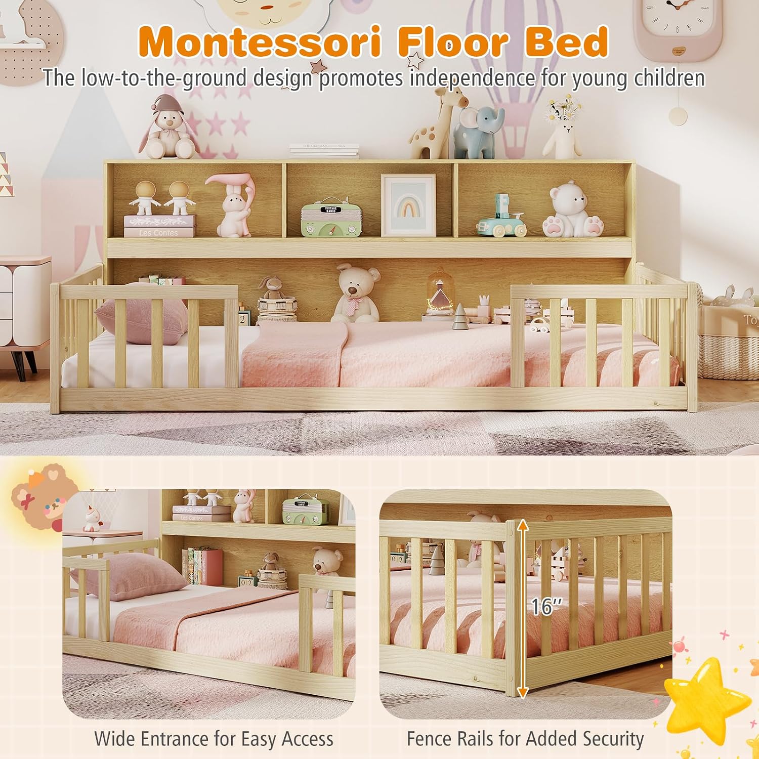 Giantex Twin Floor Bed for Kids, Wooden Montessori Bed Frame with Bookcase, Storage Shelves & Safety Fence Rails, Floor Beds Twin for Girls, Boys, No Box Spring Needed, Without Slats, Natural
