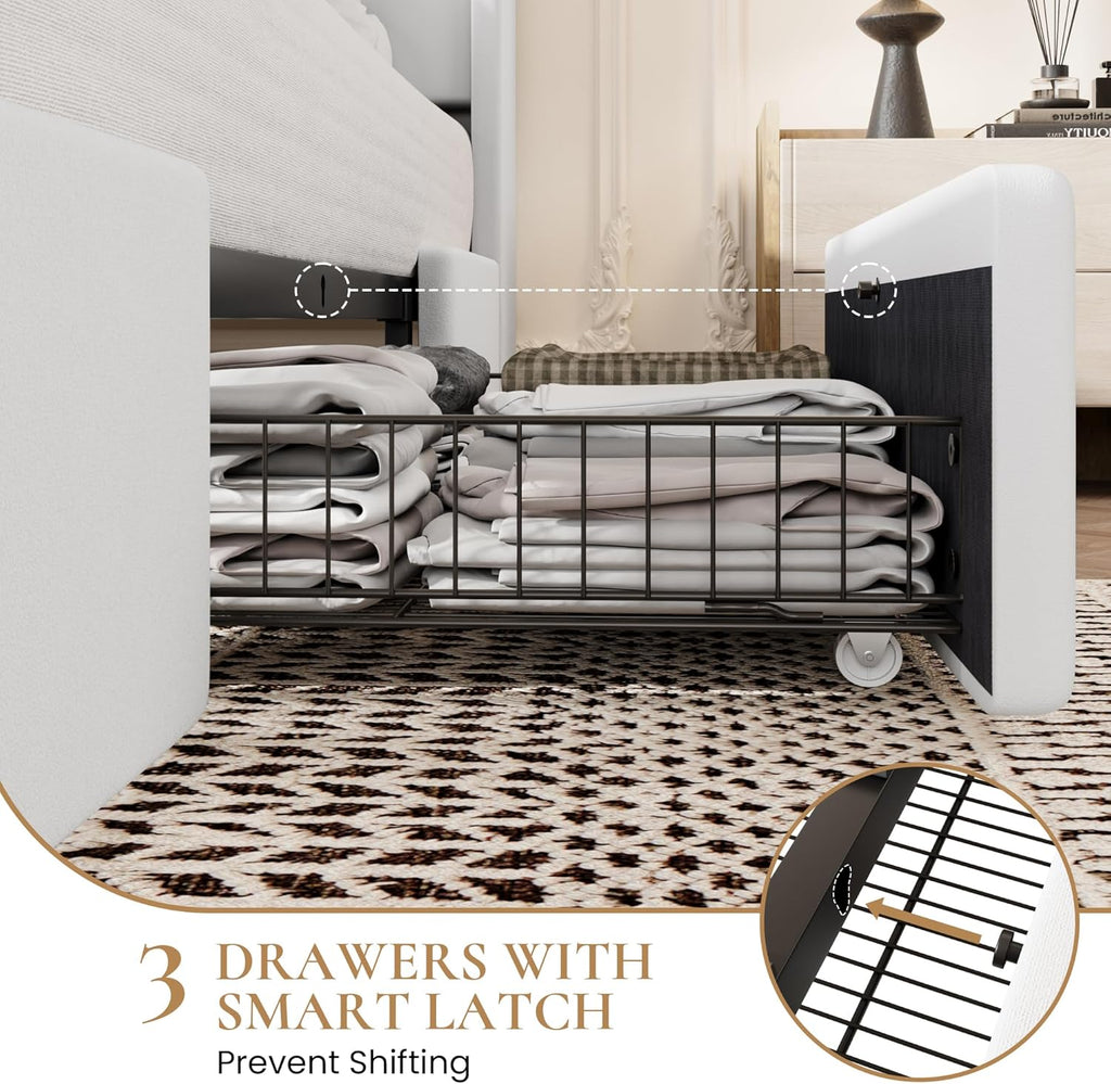 SHA CERLIN King Size Bed Frame with 3 Drawers, USB & Type-C Charging Ports, Velvet Upholstered Platform Bed with Modern Geometric Wingback Storage Headboard, No Box Spring Needed, Easy Assembly, White