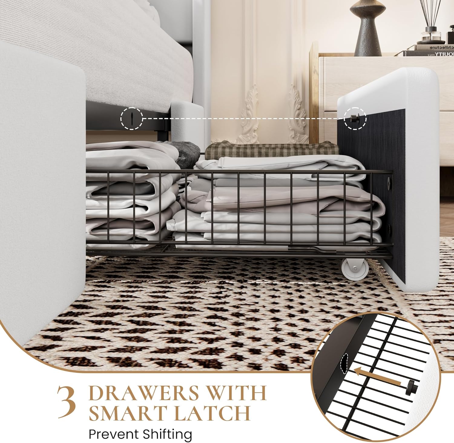 SHA CERLIN King Size Bed Frame with 3 Drawers, USB & Type-C Charging Ports, Velvet Upholstered Platform Bed with Modern Geometric Wingback Storage Headboard, No Box Spring Needed, Easy Assembly, White