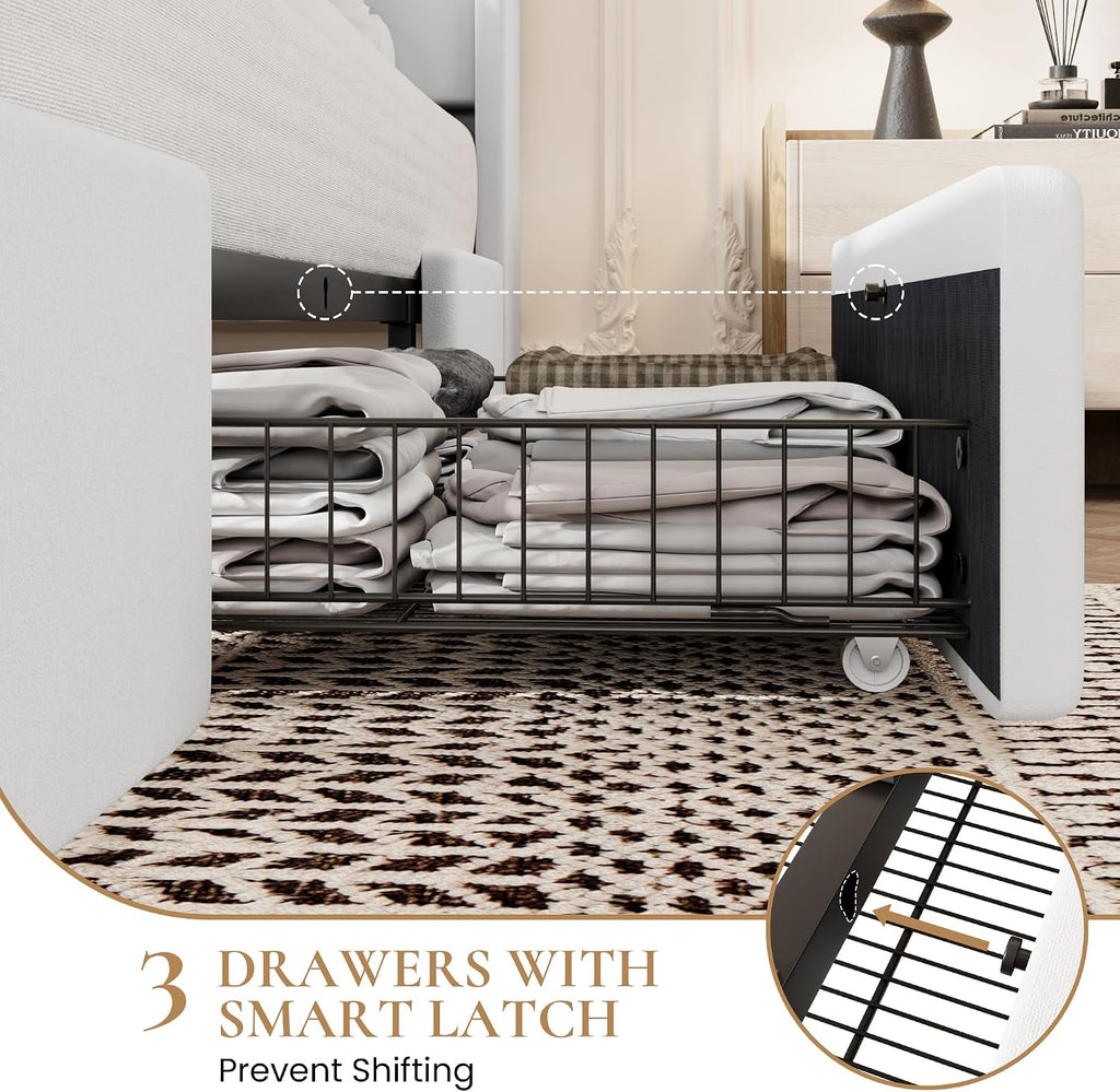 SHA CERLIN Full Size Bed Frame with 3 Drawers, USB & Type-C Charging Ports, Velvet Upholstered Platform Bed with Modern Geometric Wingback Storage Headboard, No Box Spring Needed, Easy Assembly, White