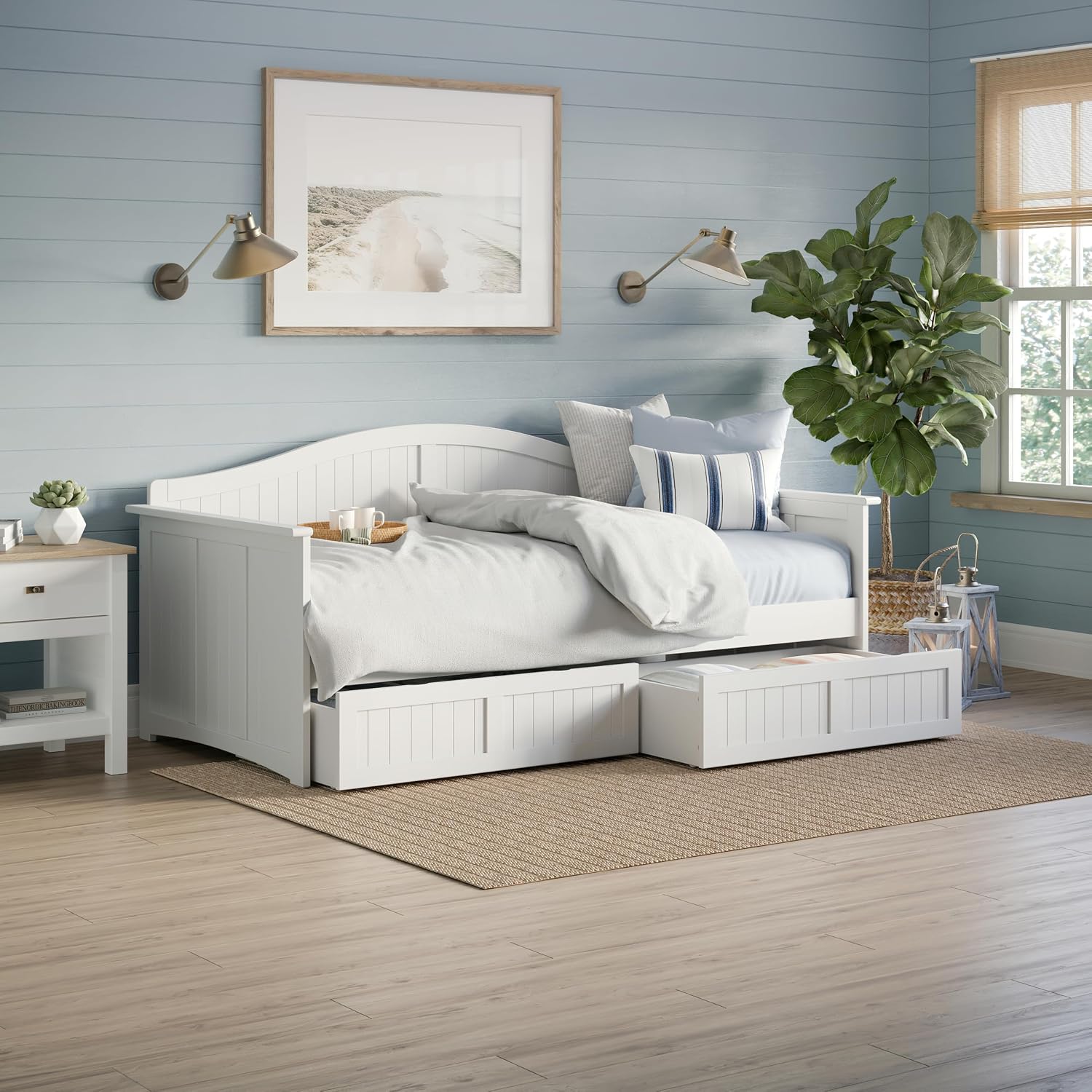 AFI, Nantucket Twin Size Wood Daybed Frame with 2 Storage Drawers, White