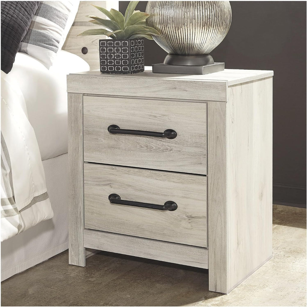Signature Design by Ashley Cambeck Farmhouse Industrial 2 Drawer Two Drawer Nightstand with 2 Slim-Profile USB Charging Stations, 24.37' Tall, Whitewash