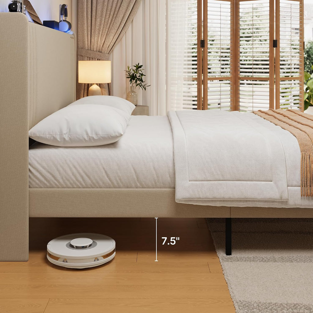 Gizoon Queen Bed Frame with Charging Station and LED Lights,Upholstered Wingback Platform Bed with Wooden Slats,Noise-Free,No Box Spring Needed
