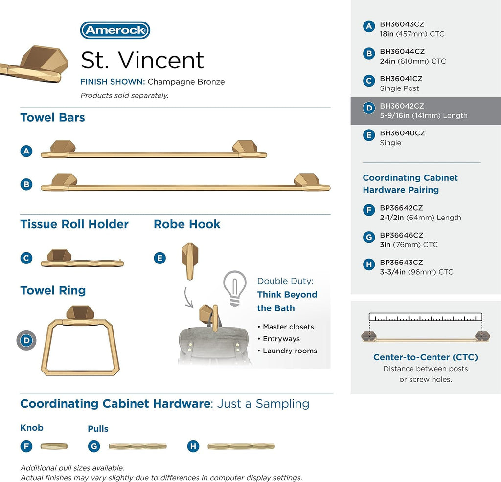 Amerock | Champagne Bronze | St. Vincent |Towel Bar | 18 inch (457 mm) | 3 Piece | Bathroom Accessories Set