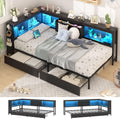 Corner Twin Bed Frame with Storage Drawer & Bookcase Headboard, Twin Size Metal Platform Bed Frame with Charging Station and LED Light, Twin Daybed Multi-Storage for Kids Teens Guest, Black