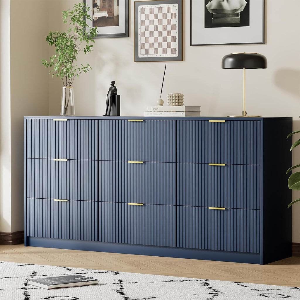 Furniway Blue Dresser for Bedroom, Modern Dresser with 9 Drawers and Smooth Slides, Wide Chest of Drawers with Golden Handles for Bedroom, Living Room, Closet, 15.7' D x 63' W x 31.5' H