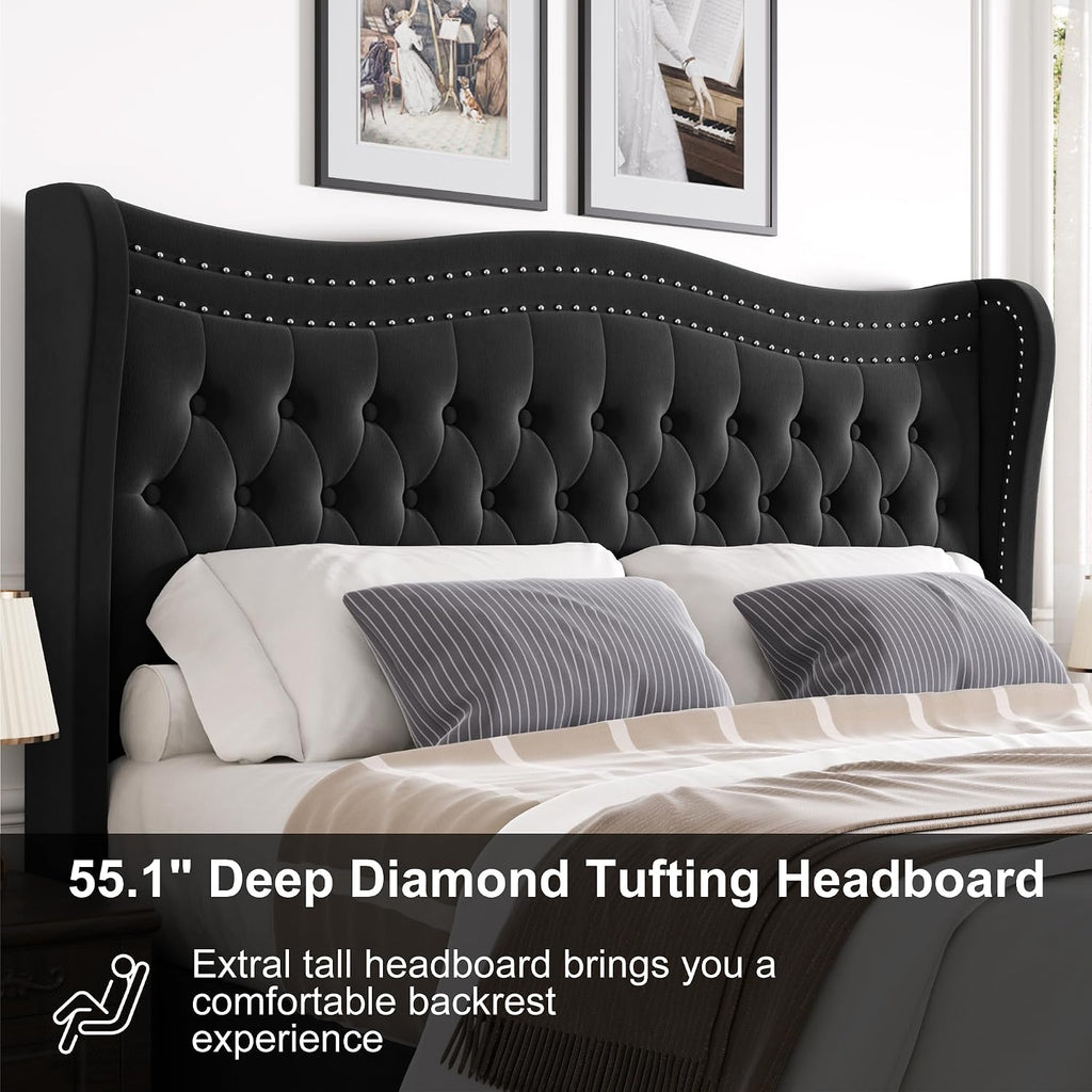 Queen Bed Frame with Tall Headboard & Footboard, Velvet Upholstered Platform Bed Frame with Deep Button Tufted Wingback, No Box Spring Needed, Noise Free, Black
