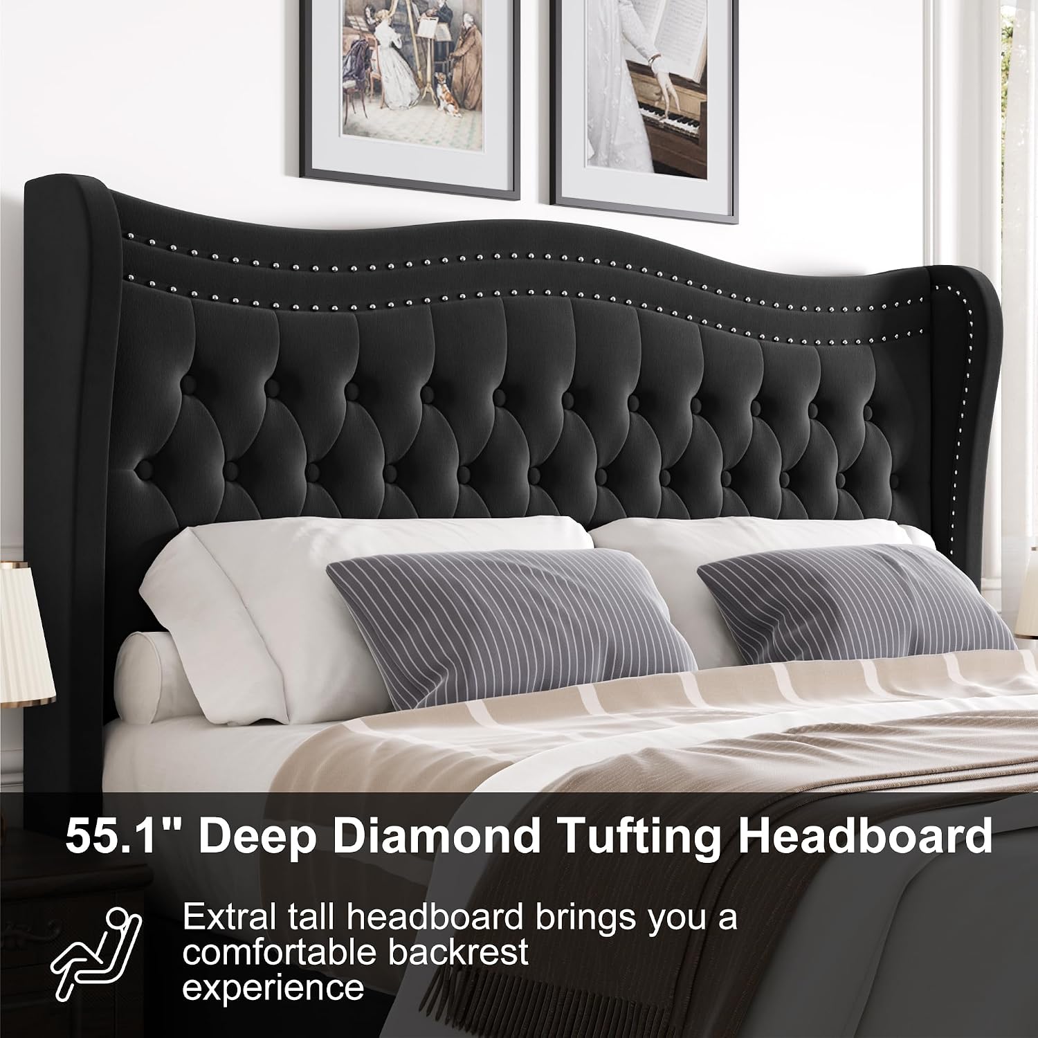 Queen Bed Frame with Tall Headboard & Footboard, Velvet Upholstered Platform Bed Frame with Deep Button Tufted Wingback, No Box Spring Needed, Noise Free, Black