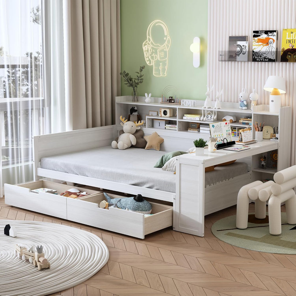 Full Size Daybed with Desk,Storage Drawers and Shelves, Pine Wood Captains Bed Frame with Bookcase and Headboard for Kids Boys Girls Teens, Antique White