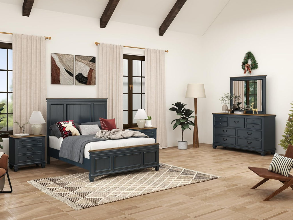 Roundhill Furniture Riverton Wood Bedroom Set with Shiplap Panel Queen Bed, Dresser, Mirror, and Two Nightstands in Slate Blue