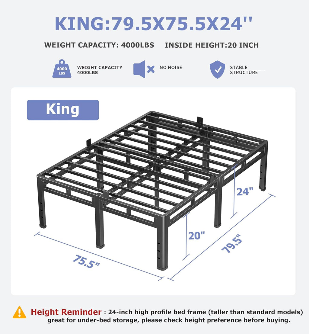 NKZ 24 Inch King Size Bed Frame, Metal Bed Frame & Box Spring 2 in 1 Platform with Round Corner Legs, 4000Lbs Heavy Duty Metal Frame, Mattress Slide Stopper, Headboard Hole, Noise-Free, Easy Assembly