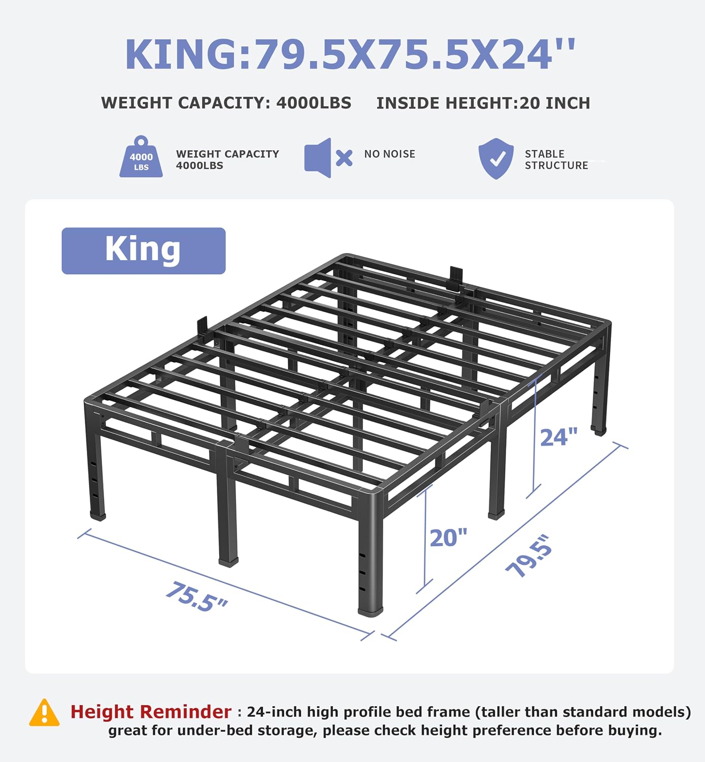 NKZ 24 Inch King Size Bed Frame, Metal Bed Frame & Box Spring 2 in 1 Platform with Round Corner Legs, 4000Lbs Heavy Duty Metal Frame, Mattress Slide Stopper, Headboard Hole, Noise-Free, Easy Assembly