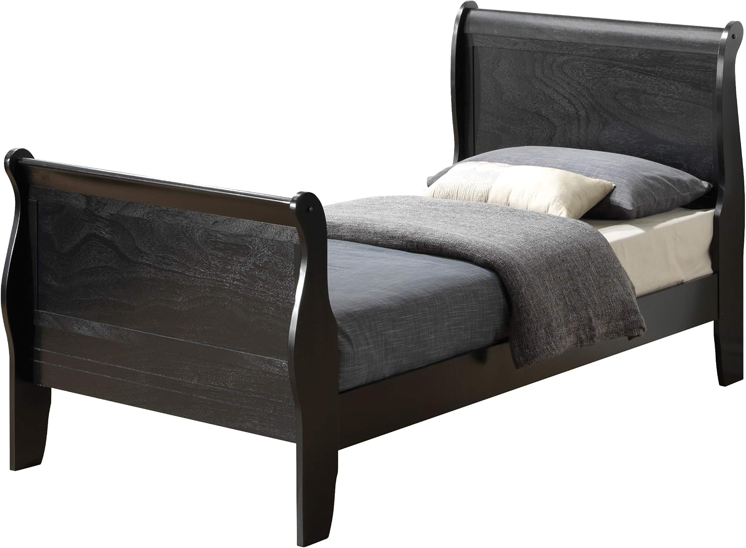 GDFStudio Twin Size Wood Platform Bed Frame, Classic Sleigh Design with Curved Trim & Wood Posts,Easy Assembly, Box Spring Required,Timeless Elegant Bedroom Furniture,Black
