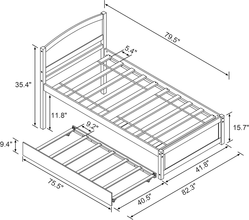 Xilingol Trundle Bed Twin, Solid Wood Beds Frames with Headboard and Wooden Slats Support, Twin Trundle Beds Frame Roll Out, Single Box Bed (No Box Spring Needed), Natural
