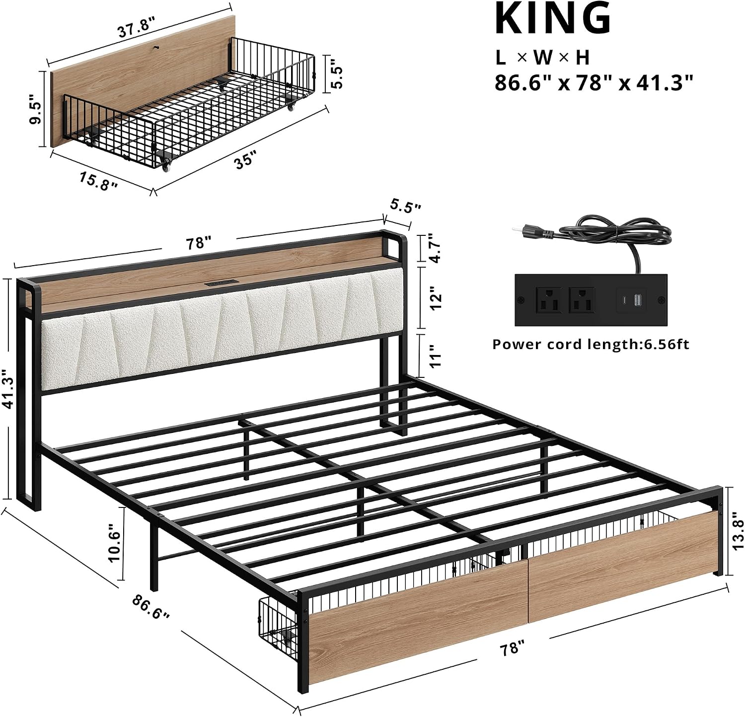 LIKIMIO King Size Bed Frame, Storage Headboard with Charging Station, Platform Bed with Drawers, No Box Spring Needed, Easy Assembly, Wood and Cream