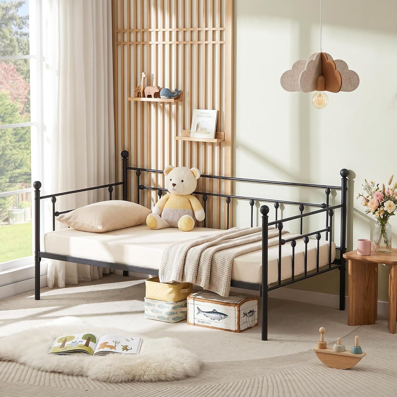 VECELO Daybed Frame, Twin Size Metal Platform Bed with Headboard,Heavy Duty Steel Slats Support for Living Room Bedroom Guest Room, Easy Assembly