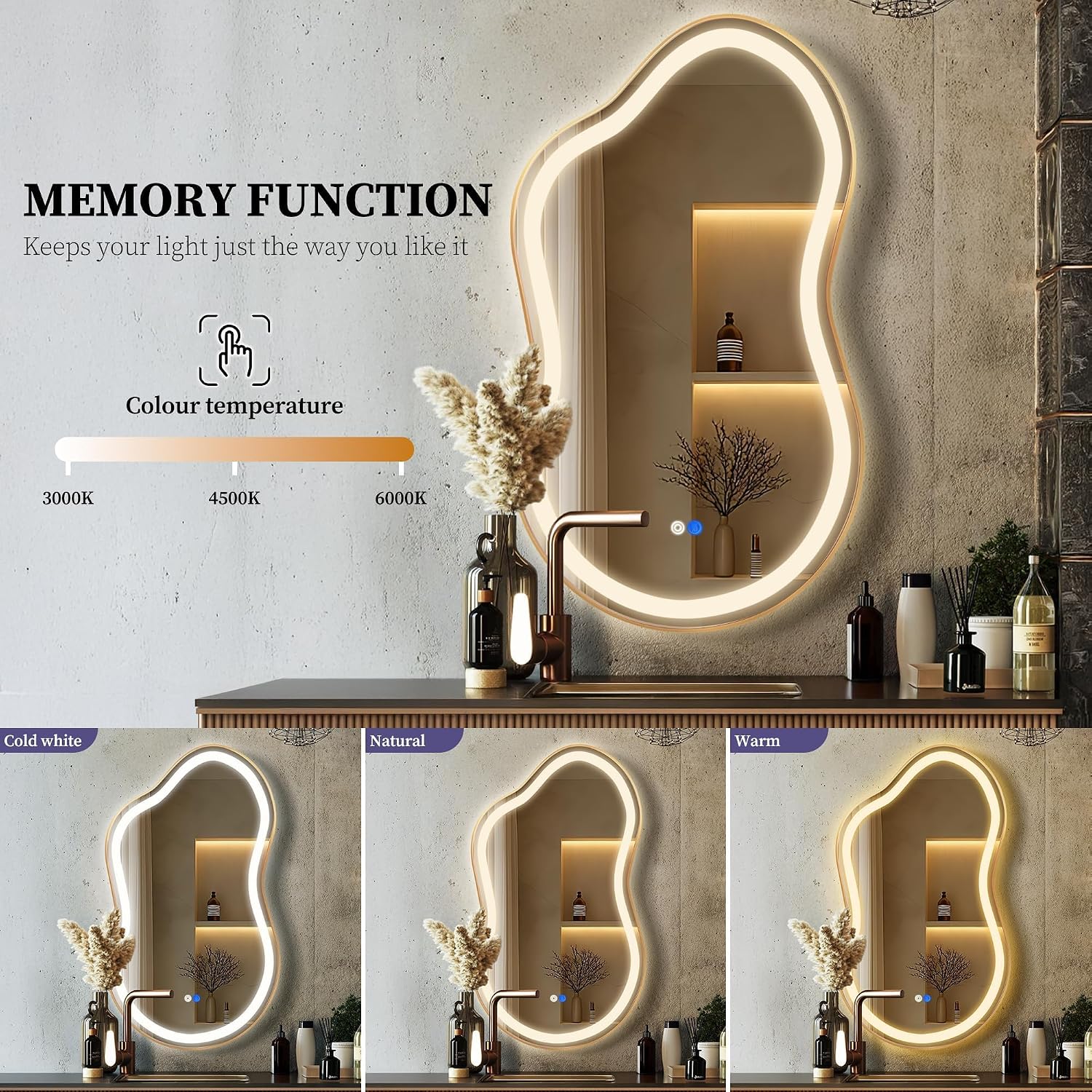 Irregular LED Bathroom Mirror with Lights, Cloud Smart Backlit Mirror, Dimmable Lighted Bathroom Gold Mirror with Anti-Fog, Asymmetrical Vanity Mirror Hangable 2 Ways (Gold, 24 x 36, 1 Pack)
