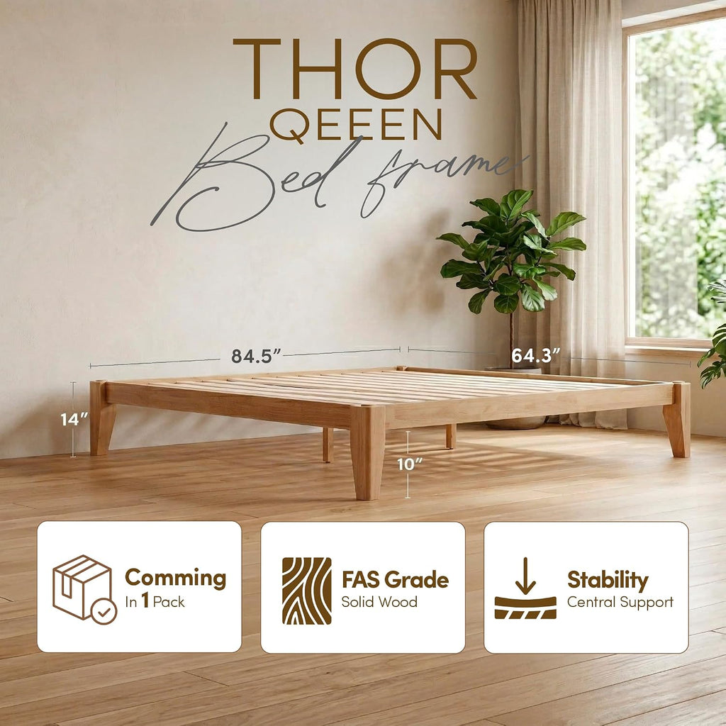 Thor Premium Solid Wood Bed Frame Queen, Japanese Joinery Bed Frame with Wood Slat Support, Platform Bed, No Box Spring Needed, Easy Assembly, Minimalist & Modern Style (Light Brown)