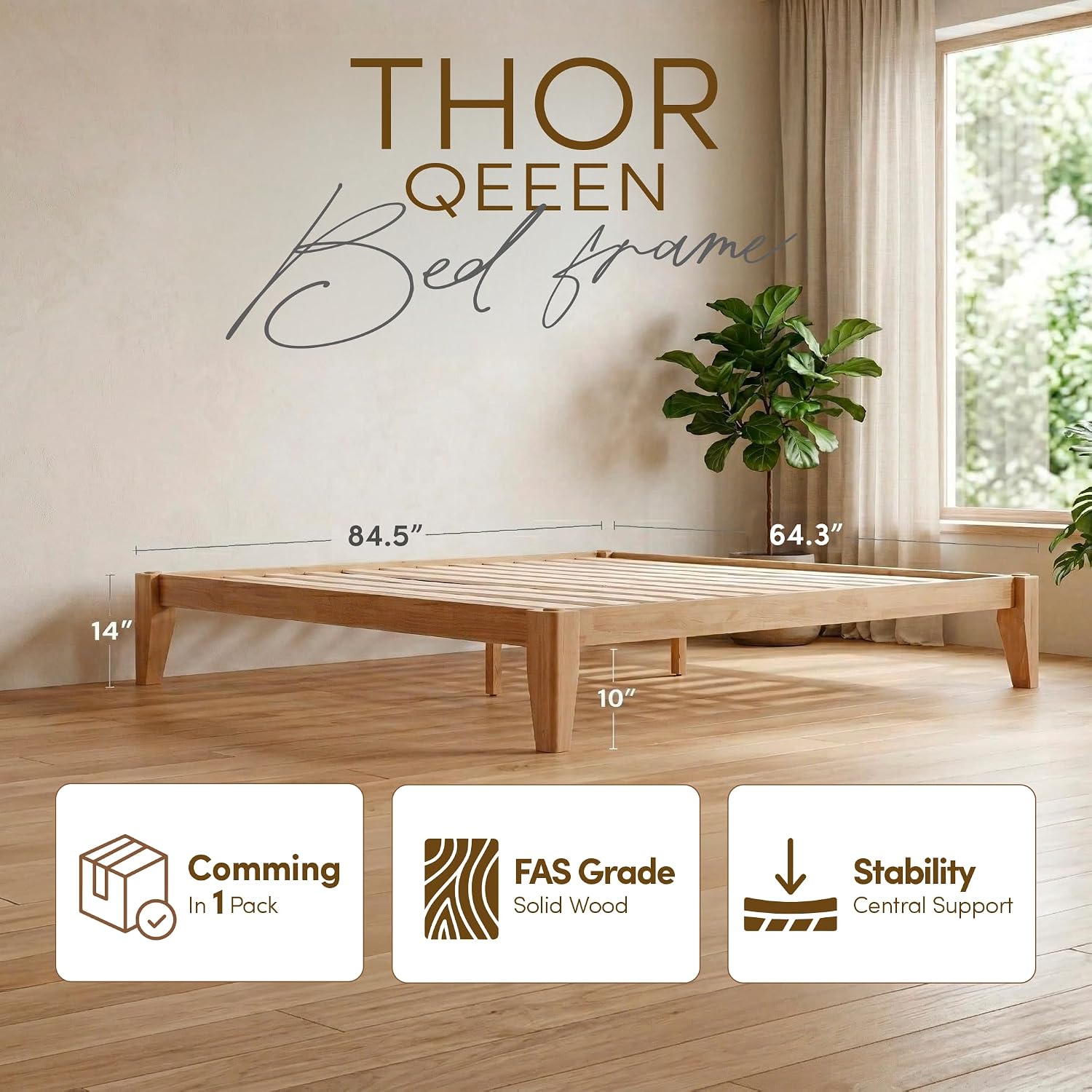 Thor Premium Solid Wood Bed Frame Queen, Japanese Joinery Bed Frame with Wood Slat Support, Platform Bed, No Box Spring Needed, Easy Assembly, Minimalist & Modern Style (Light Brown)