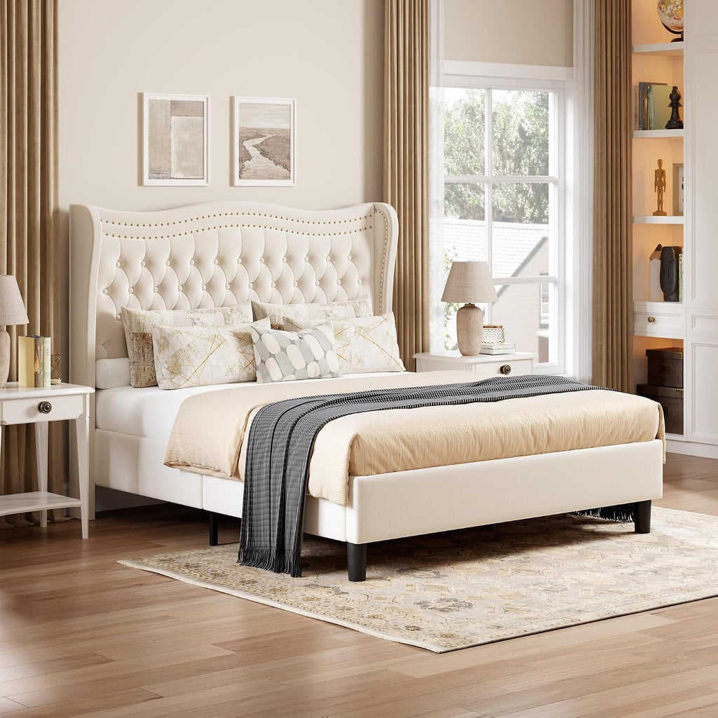 Upholstered Queen Size Bed Frame with Tall Headboard, Velvet Wingback Platform Bed Frame with Deep Button Tufted, No Box Spring Needed, Noise Free, Beige