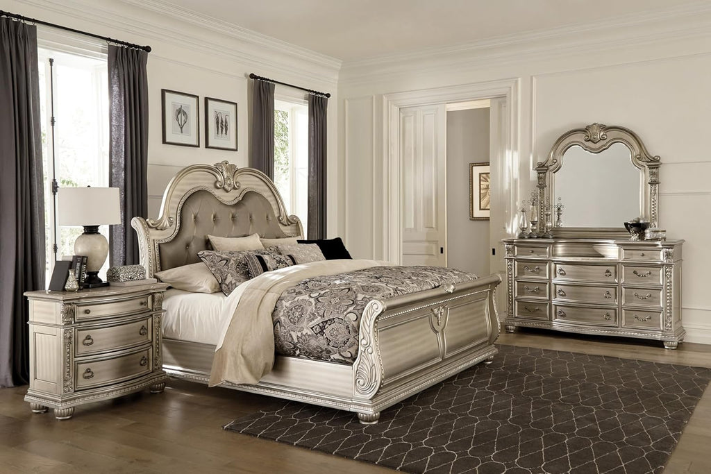 Traditional Classic 5 Pieces Queen Size Set Silver Finish Faux Leather Upholstered Bed Classic Design Marble Top Formal Bedroom Furniture