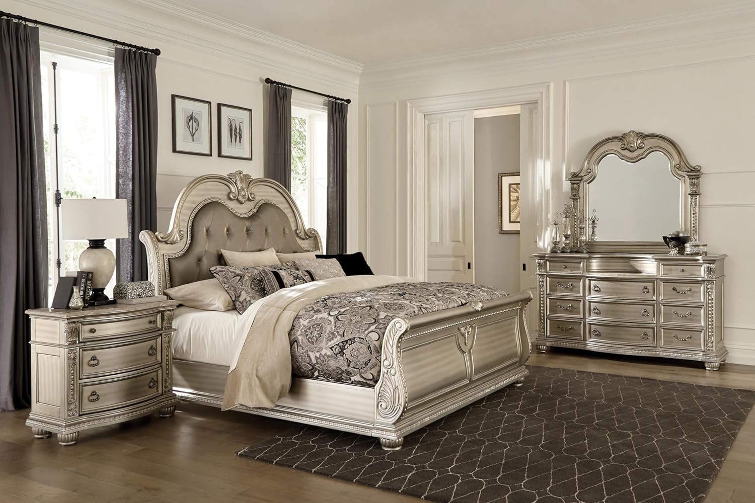 Traditional Classic 5 Pieces Queen Size Set Silver Finish Faux Leather Upholstered Bed Classic Design Marble Top Formal Bedroom Furniture