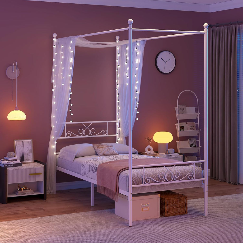 Weehom Twin Canopy Bed Frame with Headboard and Footboard, 4 Posters Metal Bed Frame, No Box Spring Needed, Mattress Foundation Platform Bed for Kids and Adults, White