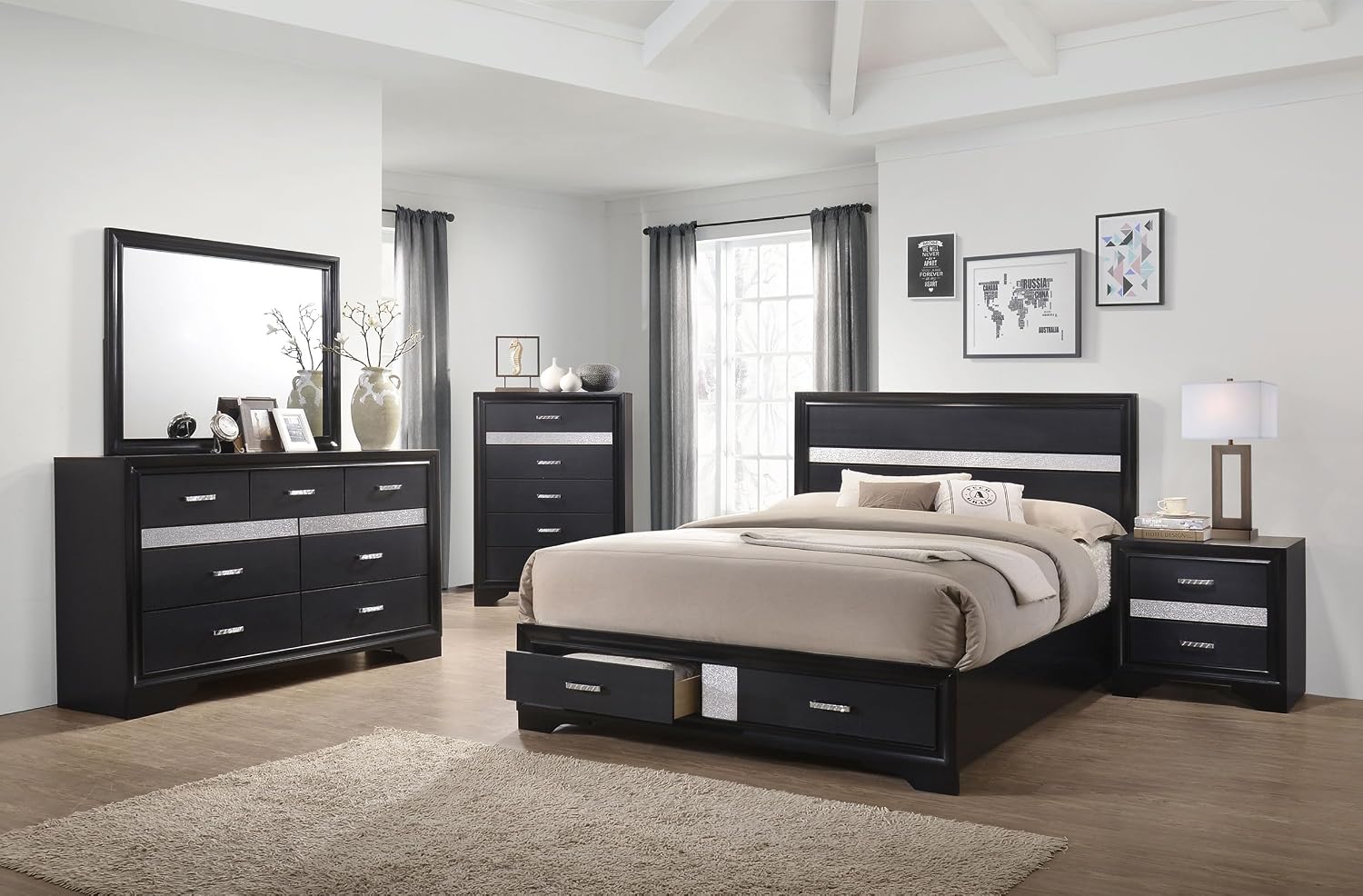 Coaster Home Furnishings Miranda Contemporary 5-Piece Bedroom Set Queen Size Storage Panel Bed Frame 50-inch Headboard Black 206361Q-S5