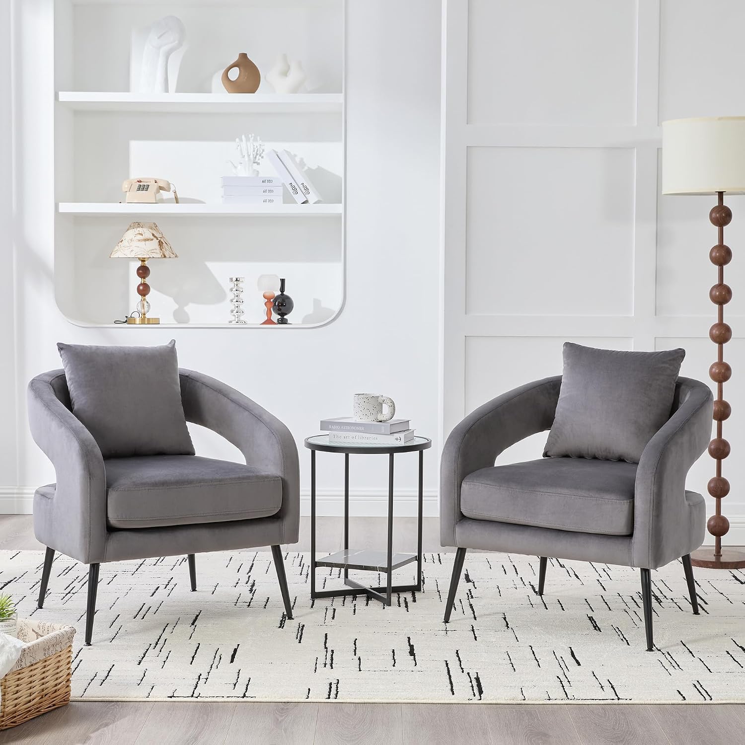 Modern Minimalist Style Open Back Accent Chair,Velvet Barrel Dining Chair with Metal Legs,Comfortable Upholstered Single Sofa for Living Room,Bedroom,Reception,Dining Room,Charcoal