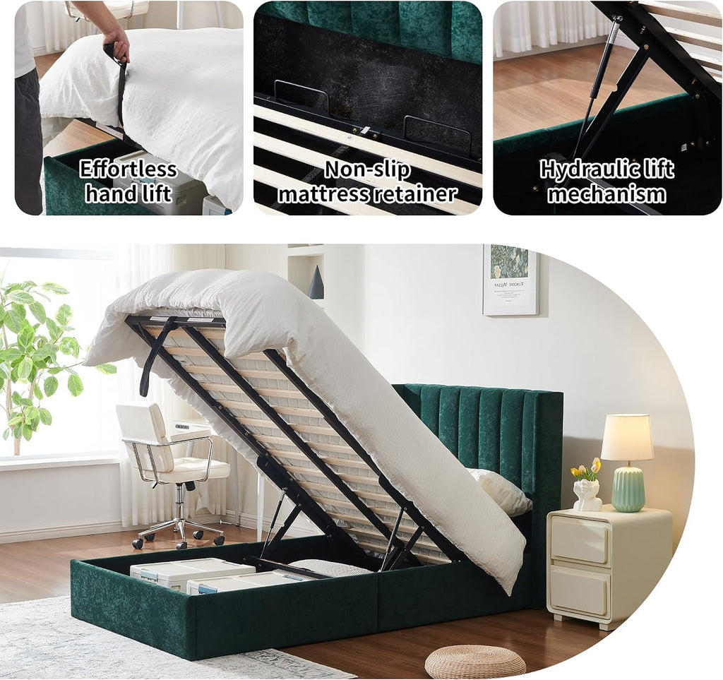YUHUASHI Queen Size Hydraulic Storage Bed, Upholstered Platform Bed Frame, Modern Wingback Design Headboard, Velvet Fabric with Hydraulic Support Bars, No Box Spring Required (Ink Green, Twin)