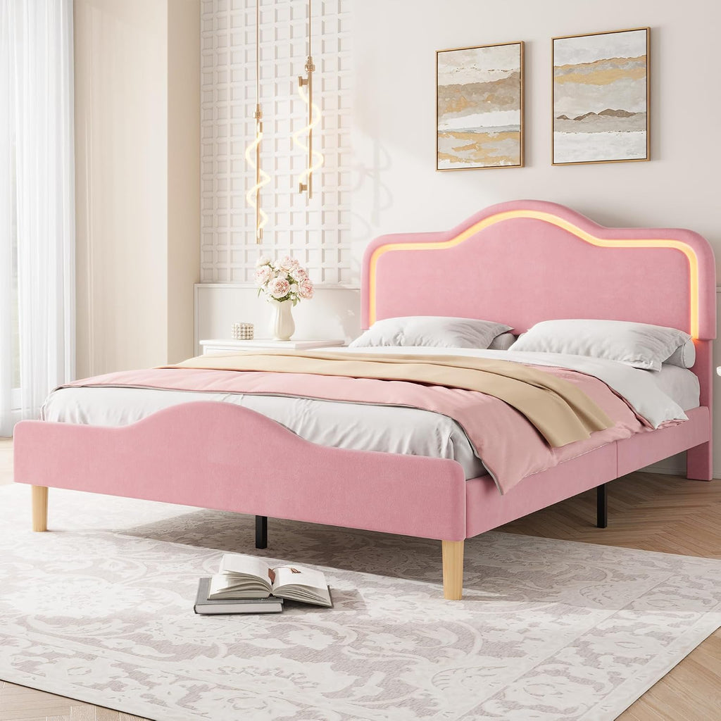 IDEALHOUSE Full Size Bed Frame with LED Lights, Velvet Upholstered Platform Bed with Adjustable Headboard for Kids/Girls, Wooden Slats Support, No Box Spring Needed, Pink