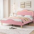 IDEALHOUSE Full Size Bed Frame with LED Lights, Velvet Upholstered Platform Bed with Adjustable Headboard for Kids/Girls, Wooden Slats Support, No Box Spring Needed, Pink