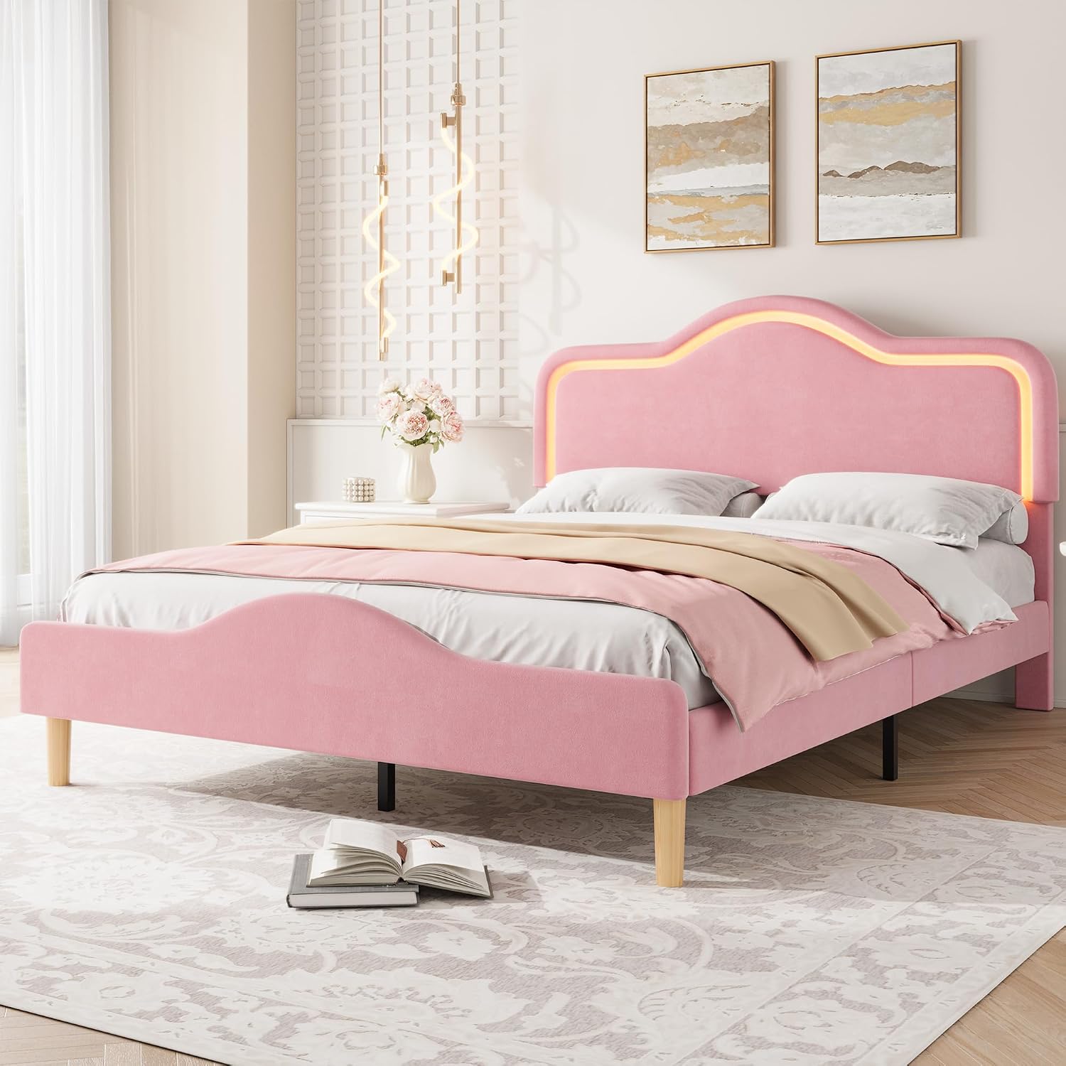 IDEALHOUSE Full Size Bed Frame with LED Lights, Velvet Upholstered Platform Bed with Adjustable Headboard for Kids/Girls, Wooden Slats Support, No Box Spring Needed, Pink