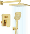 Gabrylly Shower System Gold, Wall Mounted Shower Faucet Set for Bathroom with High Pressure 10' Rain Shower head and 3-Setting Handheld Shower Head Set, 2 Way Shower Valve Kit, Brushed Gold