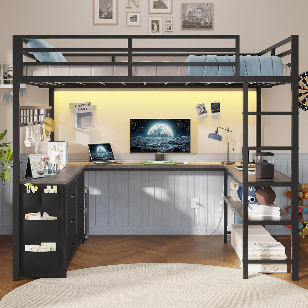 ADORNEVE Loft Bed Full Size with U-Shaped Desk, 6 Storage Drawers, Power Outlet, LED Metal Loft Bed with 2 Storage Shelves, Bed with Safety Guardrail & Ladders, No Box Spring Needed, Grey