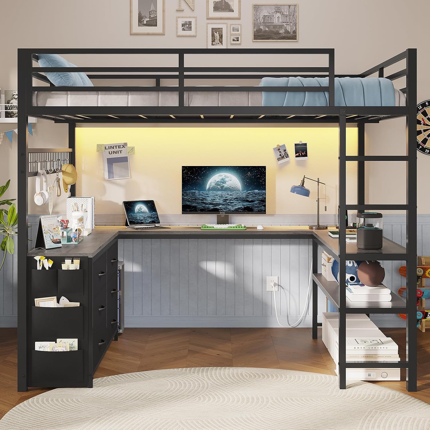 ADORNEVE Loft Bed Full Size with U-Shaped Desk, 6 Storage Drawers, Power Outlet, LED Metal Loft Bed with 2 Storage Shelves, Bed with Safety Guardrail & Ladders, No Box Spring Needed, Grey