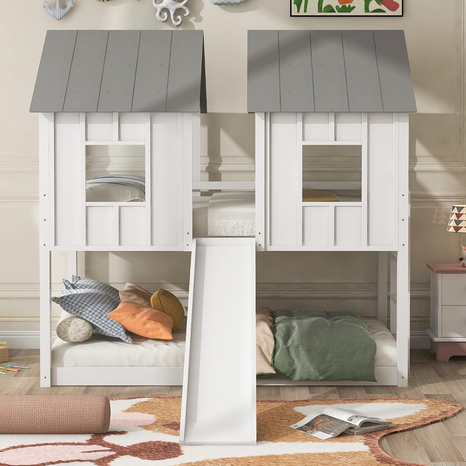 Polibi Slide Wooden Bunk Bed with Windows, Ladder, Guardrails and Twin Size in White