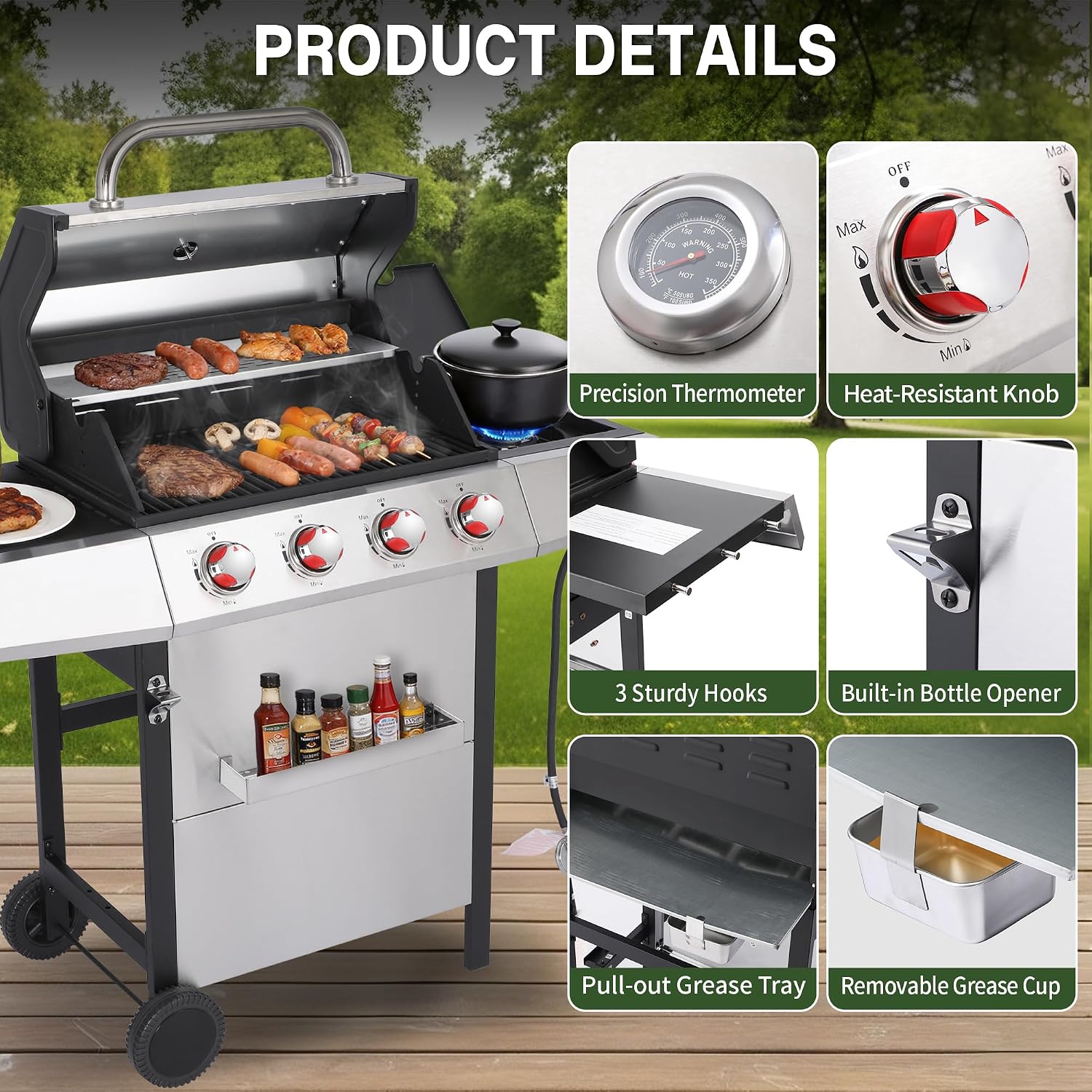 Gas and Charcoal Grill Combo with Side Burner, 4-Burner Propane Grill and Griddle Combo with Porcelain-Enameled Cast Iron Grates & Double-Wall Insulated Lid, 49,000 BTU Outdoor BBQ Grill