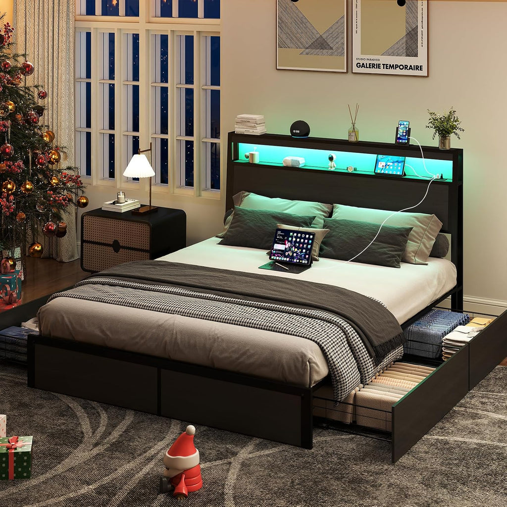 SADENICEL Queen Bed Frame with Storage Headboard and 4 Drawers, Metal Platform Bed Frame with LED Light, Charging Station, No Box Spring Needed, Noise Free, Easy Assembly, Rustic Grey