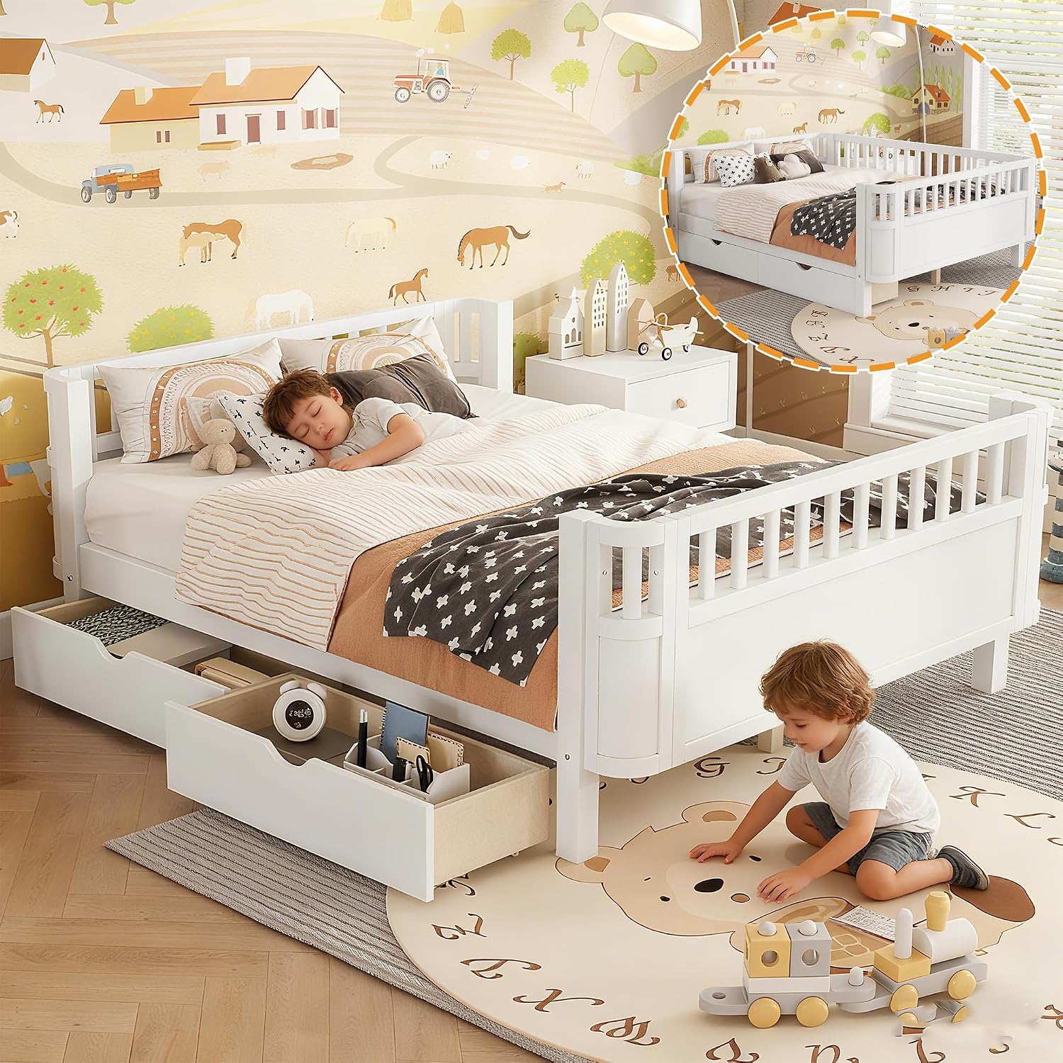 Full Kids Bed with Storage Drawers & Rails, Wood Low Montessori Beds with Detachable Side Rails & Slats, Modern Daybed for Boys Girls Bedroom, Kids Full Platform Bed, White