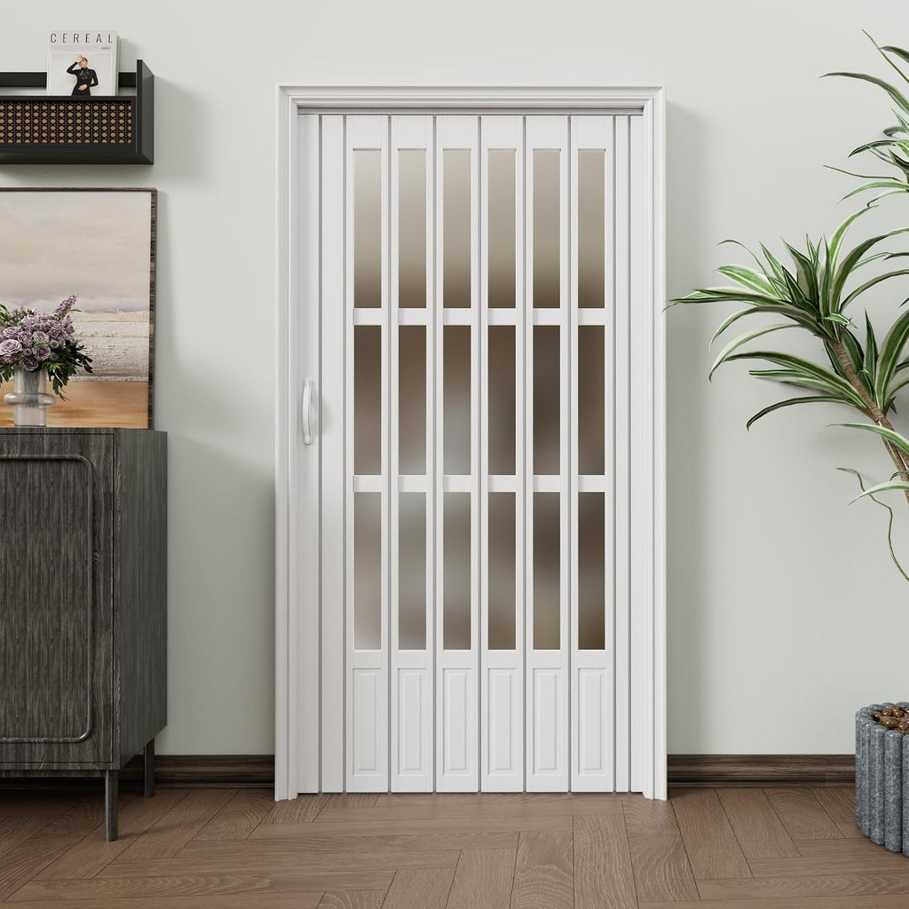 Enhanced Double-Layer Accordion Doors 24'-36' x 80', with Upgraded Roller & Handle & Complete Hardware, Interior Multifold Folding Doors for Closet & Pantry, Easy Installation
