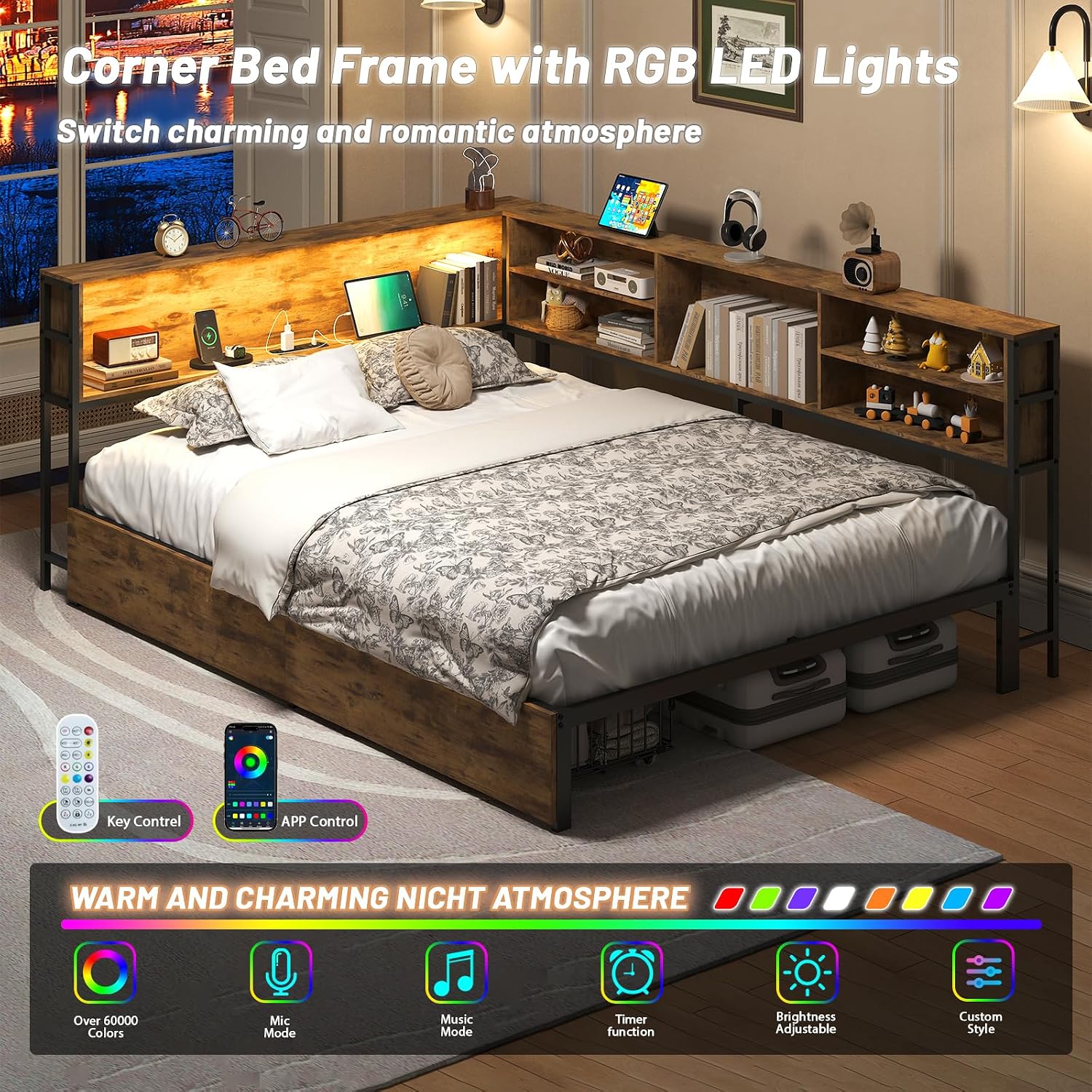 Bellemave Full Corner Bed Frame with Storage, Full Captains Bed with Charging Station, LED Light, Wood Daybeds with L-Shaped Bookcase and 2 Drawers, Brown