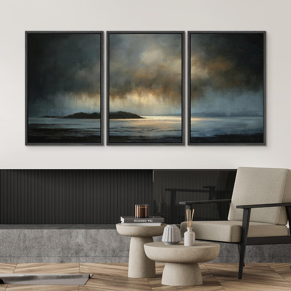 SIGNWIN Framed Canvas Print Wall Art Set Moody Ocean Sunset Dark Blue and Gold Seascape Landscape Illustrations Modern Art Decorative Scenic Rustic for Living Room, Bedroom, Office - 24'x36'x3 Black
