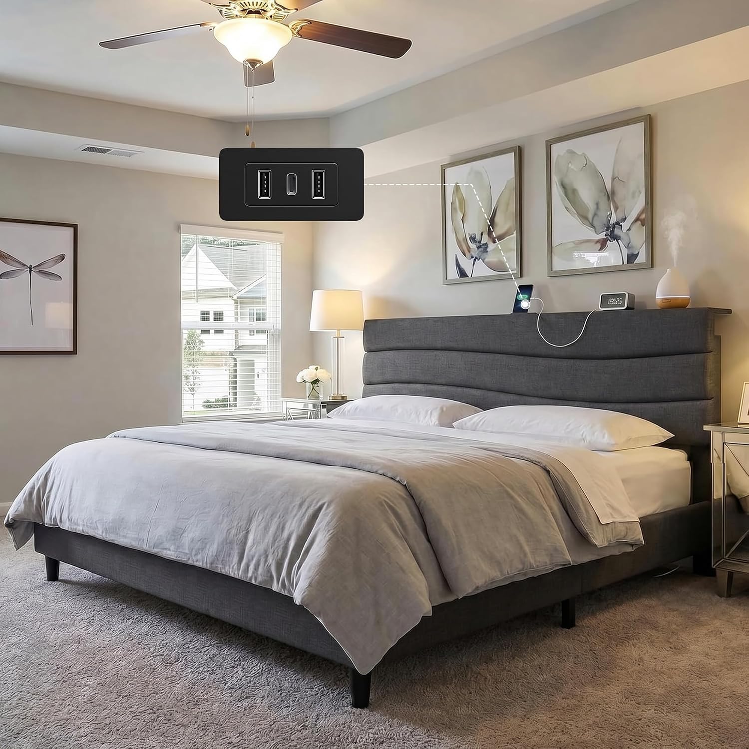 EnHomee King Bed Frame with Adjustable Height Upholstered Headboard, 3 USB Charging Ports, Noise-Free Platform Bed, No Box Spring Needed, Grey