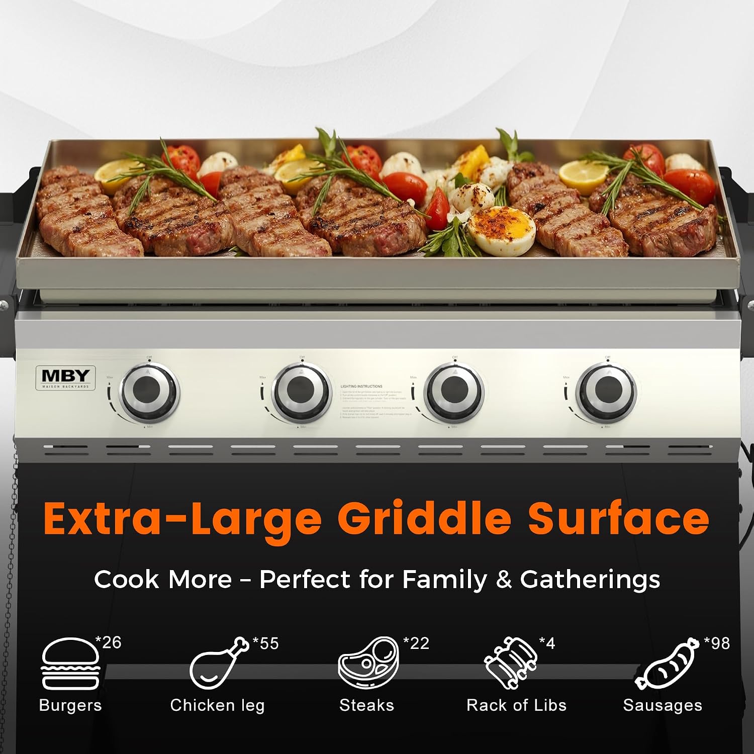 3-Burner Propane Grill, 34,000 BTU Outdoor Flat Top Propane Gas Griddle Grill with 540 Sq In Cooking Area, Rolling Wheels, Folding Side Shelves & Cover for Camping, Backyard BBQ (4 Burner)