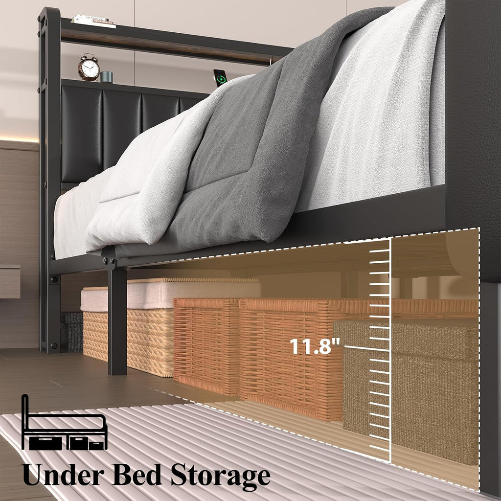 LoVinson Full Size Bed Frame with Headboard & Star Projector, Metal Upholstered Bed Frame with Charging Station, Heavy Duty Bedframe with Storage Ottoman, Noise-Free, No Box Spring Needed, Black